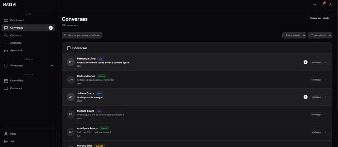 Tela de conversas da Maze com histórico de mensagens e lead qualificado